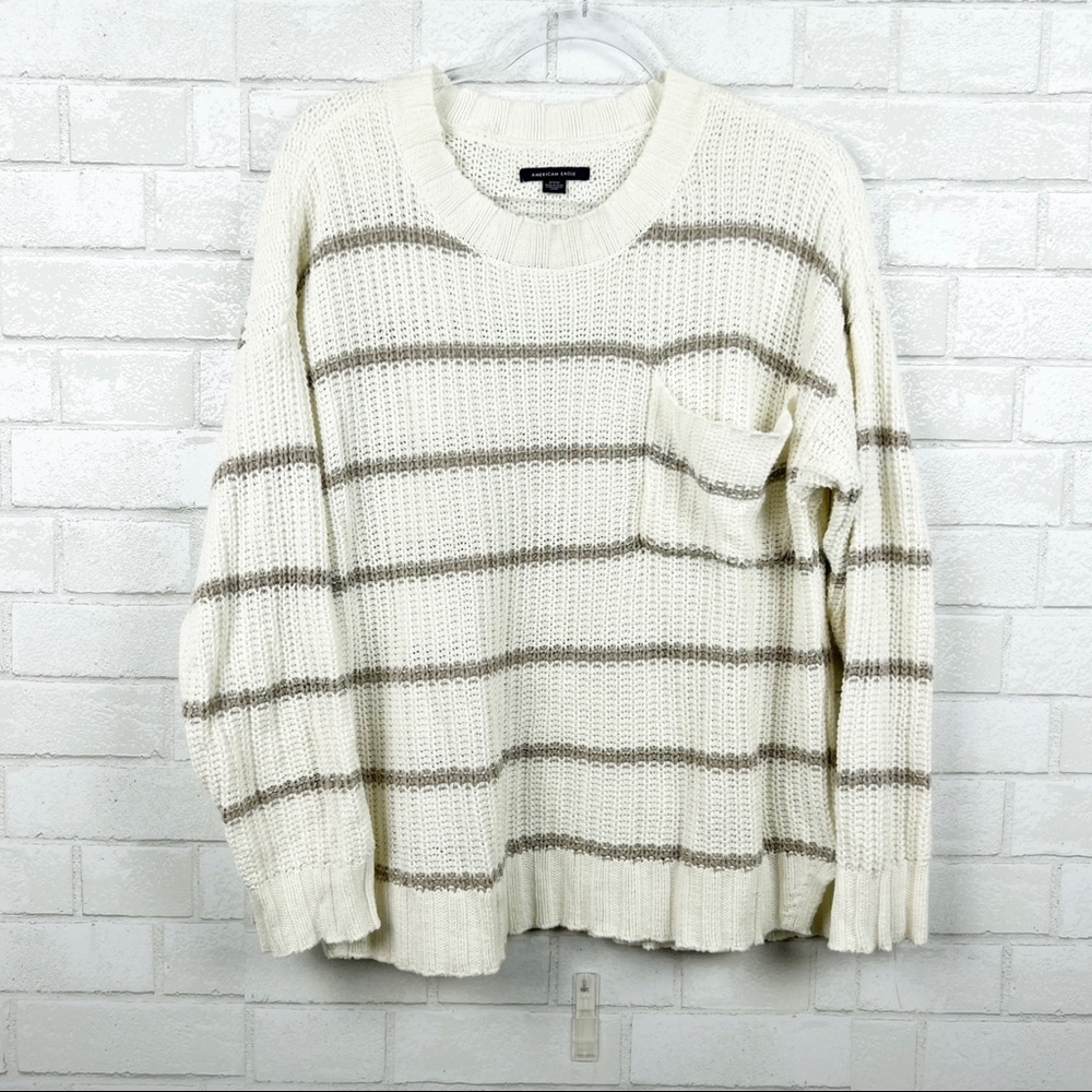 American Eagle Cotton Blend Crewneck Ribbed Striped Women's Sweater Size Medium